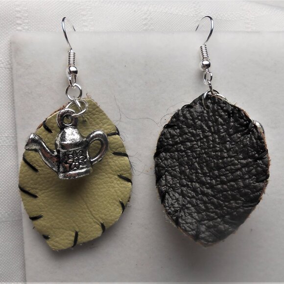 No. 230 Handmade earrings with leather pieces 2 1/2 inches long - Picture 2 of 2